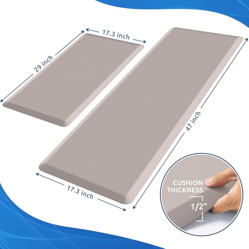 KitchenClouds 2PCS Kitchen Rugs Cushioned Anti-Fatigue Non-Slip Waterproof Kitchen Mat Comfort Foam Standing Mat for Floor Office Sink Laundry (Khaki) - Image 2