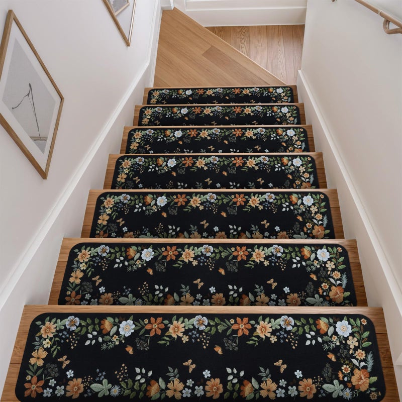OJIA Floral Stair Treads Non-Slip Carpet Stair Treads for Wooden Steps Indoor 15PCS 30"x8" Stair Runner Stair Mats Staircase Step Treads for Kids, Elders and Dogs, Stair Covers, Black - Image 1