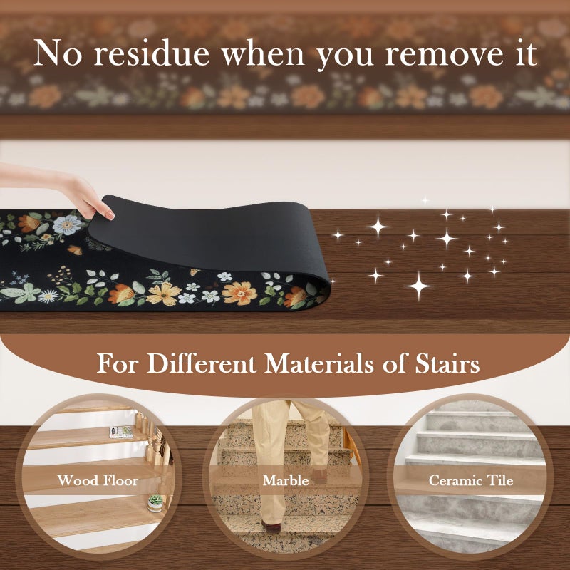 OJIA Floral Stair Treads Non-Slip Carpet Stair Treads for Wooden Steps Indoor 15PCS 30"x8" Stair Runner Stair Mats Staircase Step Treads for Kids, Elders and Dogs, Stair Covers, Black - Image 3