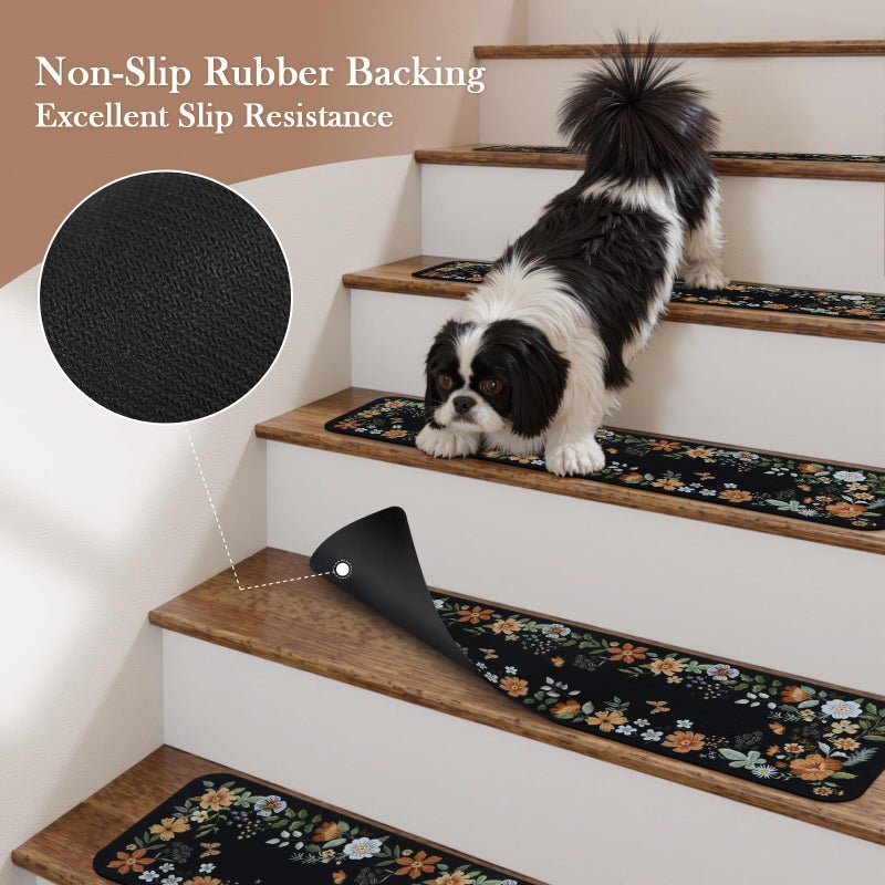 OJIA Floral Stair Treads Non-Slip Carpet Stair Treads for Wooden Steps Indoor 15PCS 30"x8" Stair Runner Stair Mats Staircase Step Treads for Kids, Elders and Dogs, Stair Covers, Black - Image 2