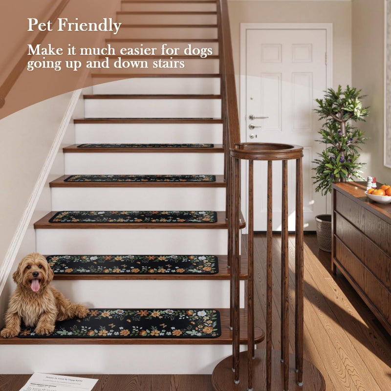 OJIA Floral Stair Treads Non-Slip Carpet Stair Treads for Wooden Steps Indoor 15PCS 30"x8" Stair Runner Stair Mats Staircase Step Treads for Kids, Elders and Dogs, Stair Covers, Black - Image 4