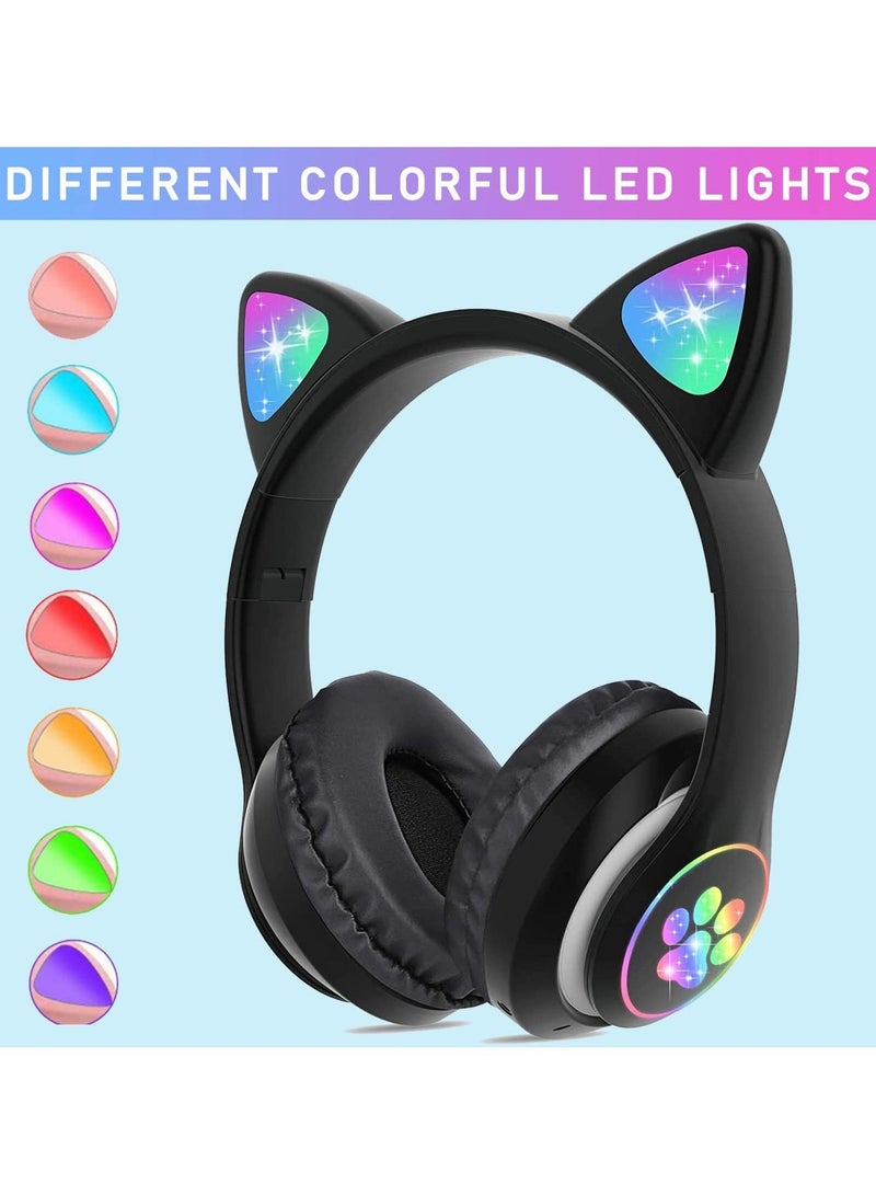 سماعات رأس للأطفال مزودة بميكروفون/إضاءة LED RGB، سماعات بلوتوث بتصميم أذن قطة، تحديد مستوى الصوت 94 ديسيبل، سماعات ستيريو قابلة للطي تغطي الأذن بالكامل للأطفال، مناسبة للأجهزة اللوحية/المدرسة/أجهزة iPad/الهواتف الذكية (أسود) - Image 4
