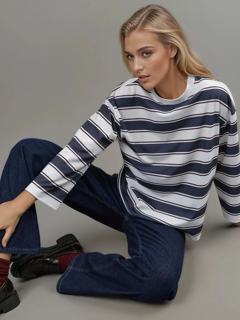 HICCUP Striped Crew Neck Long Sleeve T-Shirt