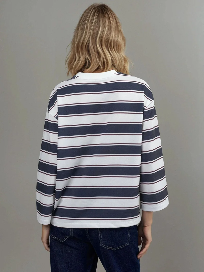 Hiccup Blue Striped Crew Neck Long Sleeve T-Shirt for Women | Best Price UAE