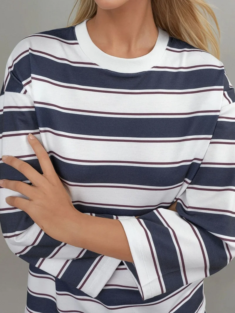 Hiccup Blue Striped Crew Neck Long Sleeve T-Shirt for Women | Best Price UAE