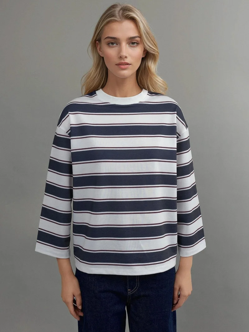 Hiccup Blue Striped Crew Neck Long Sleeve T-Shirt for Women | Best Price UAE