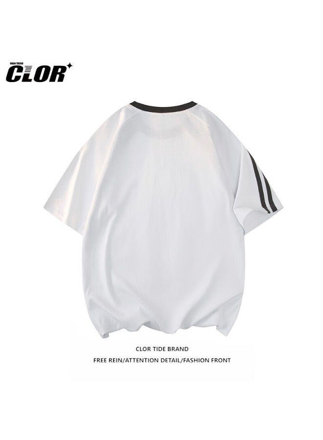 Clor Men's Casual Short Sleeve Summer Trend Ice Silk Splicing Contrast Color T-shirt Striped Loose Top Dxc01 White 4XL - Image 2