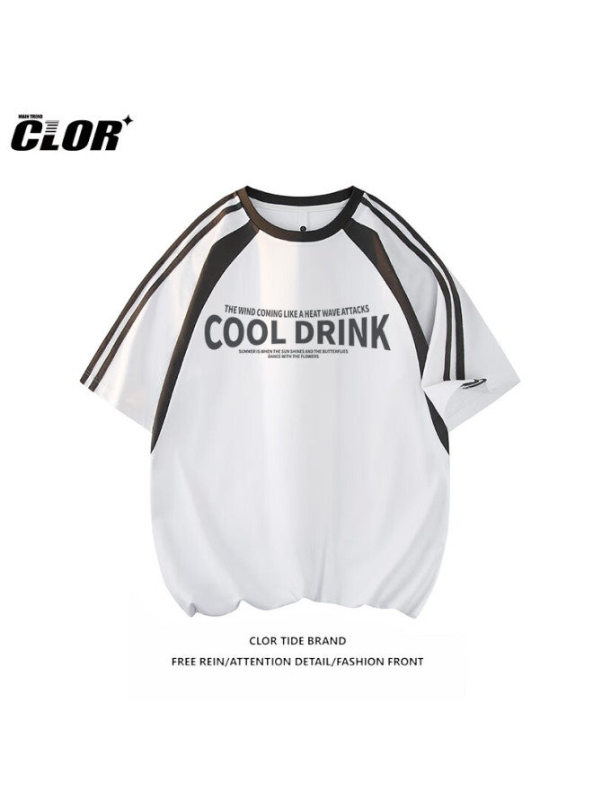 Clor Men's Casual Short Sleeve Summer Trend Ice Silk Splicing Contrast Color T-shirt Striped Loose Top Dxc01 White 4XL - Image 1