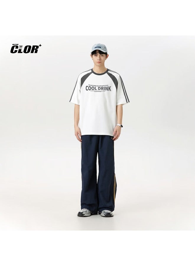 Clor Men's Casual Short Sleeve Summer Trend Ice Silk Splicing Contrast Color T-shirt Striped Loose Top Dxc01 White 4XL - Image 5