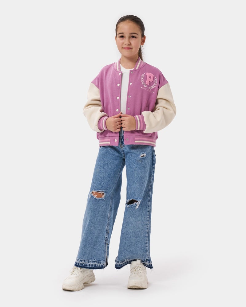 Minipodyum Girls Paris Slogan Embroidered Snap Front Closure Bomber College Jacket  - Image 1
