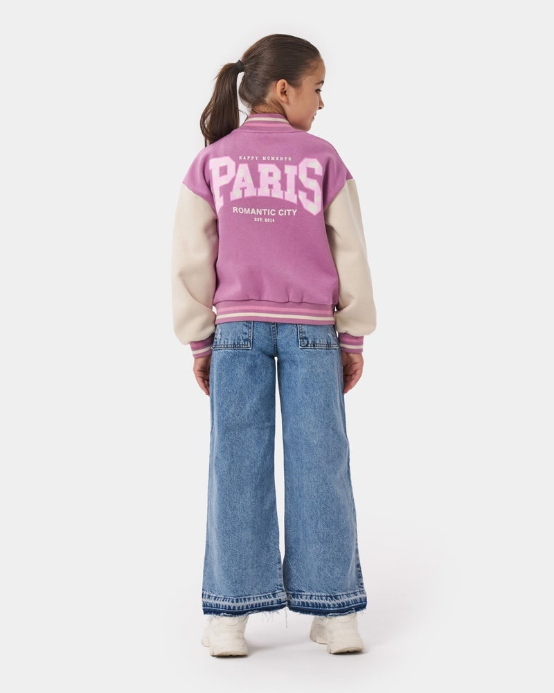 Minipodyum Girls Paris Slogan Embroidered Snap Front Closure Bomber College Jacket  - Image 4