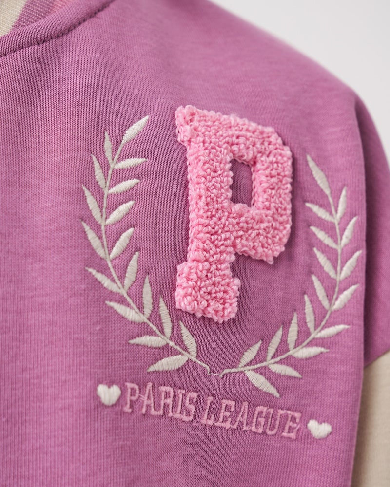 Minipodyum Girls Paris Slogan Embroidered Snap Front Closure Bomber College Jacket  - Image 5