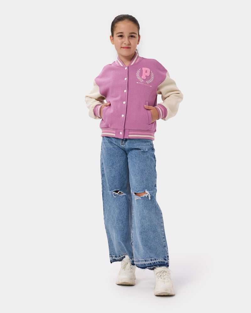 Minipodyum Girls Paris Slogan Embroidered Snap Front Closure Bomber College Jacket  - Image 3