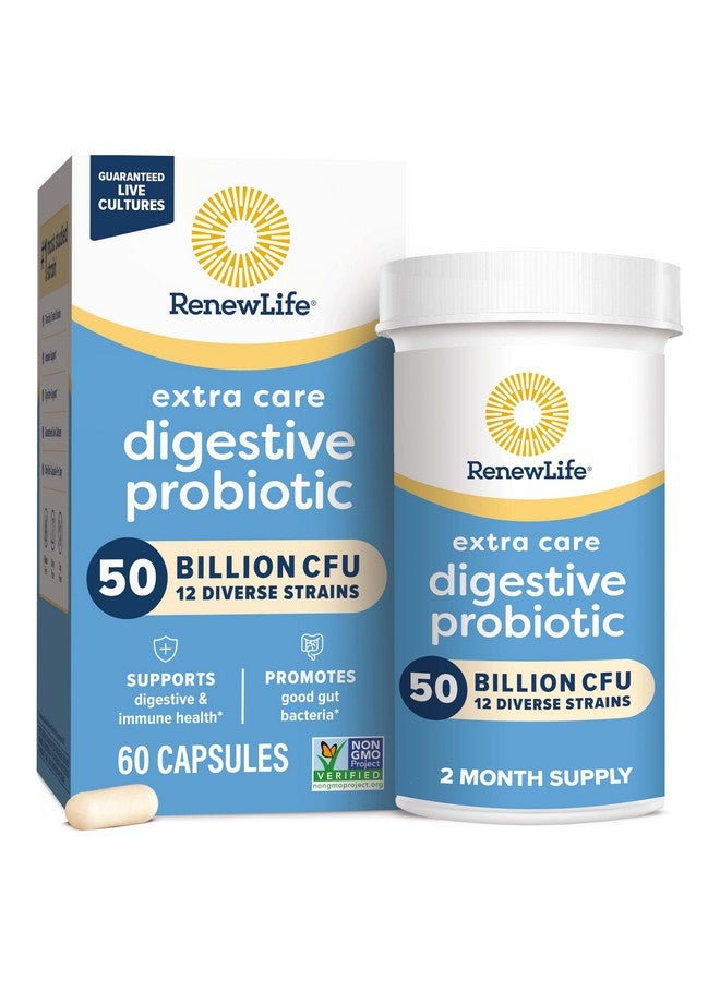 Renew Life كبسولات بروبيوتيك رينيو لايف إكسترا كير الهضمية، 50 مليار CFU مضمونة، مكمل يومي يدعم الصحة المناعية والهضمية والتنفسية (1)، L. Rhamnosus GG، خالي من الألبان وفول الصويا والغلوتين، 60 حبة - Image 1