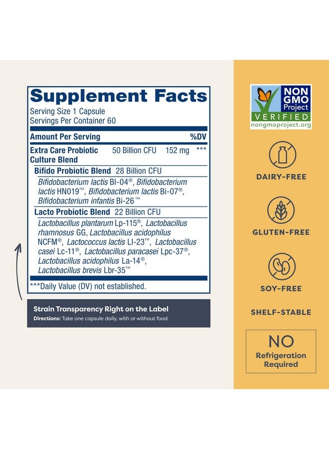 Renew Life كبسولات بروبيوتيك رينيو لايف إكسترا كير الهضمية، 50 مليار CFU مضمونة، مكمل يومي يدعم الصحة المناعية والهضمية والتنفسية (1)، L. Rhamnosus GG، خالي من الألبان وفول الصويا والغلوتين، 60 حبة - Image 2