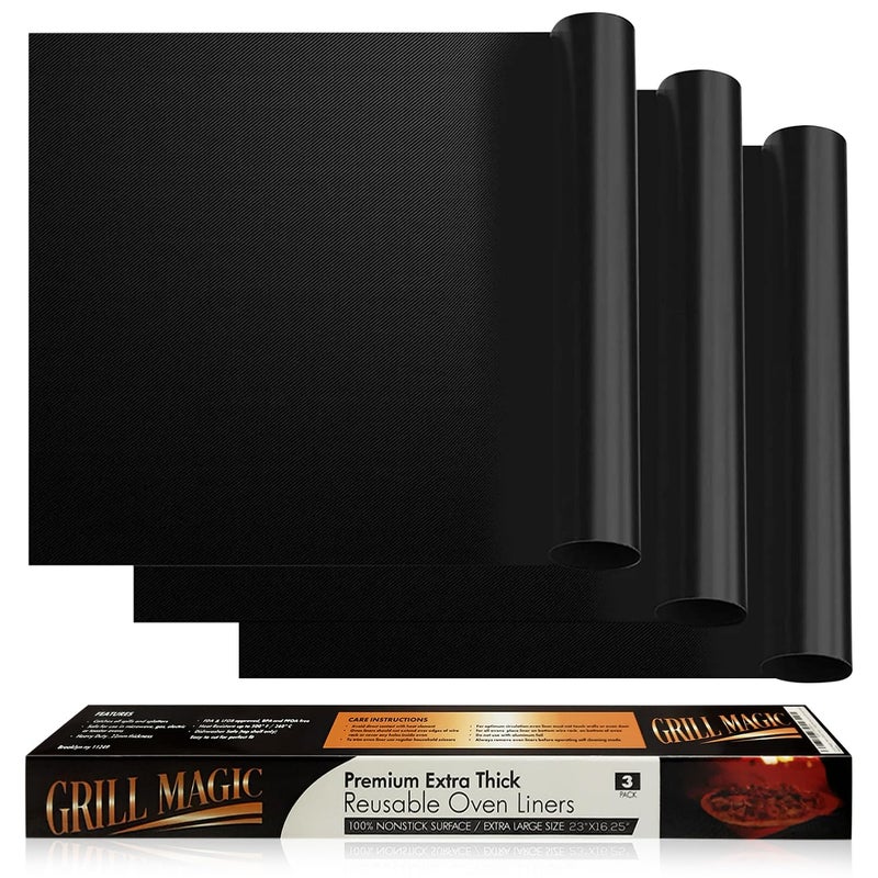 Grill Magic 3 Pack Non-Stick Heavy Duty Oven Liners Set for Bottom of Electric Oven by Grill Magic - Thick, Heat Resistant Fiberglass Mat - Easy to Clean, Reduce Spills, Stuck Foods & Clean Up - BPA Free - Image 1