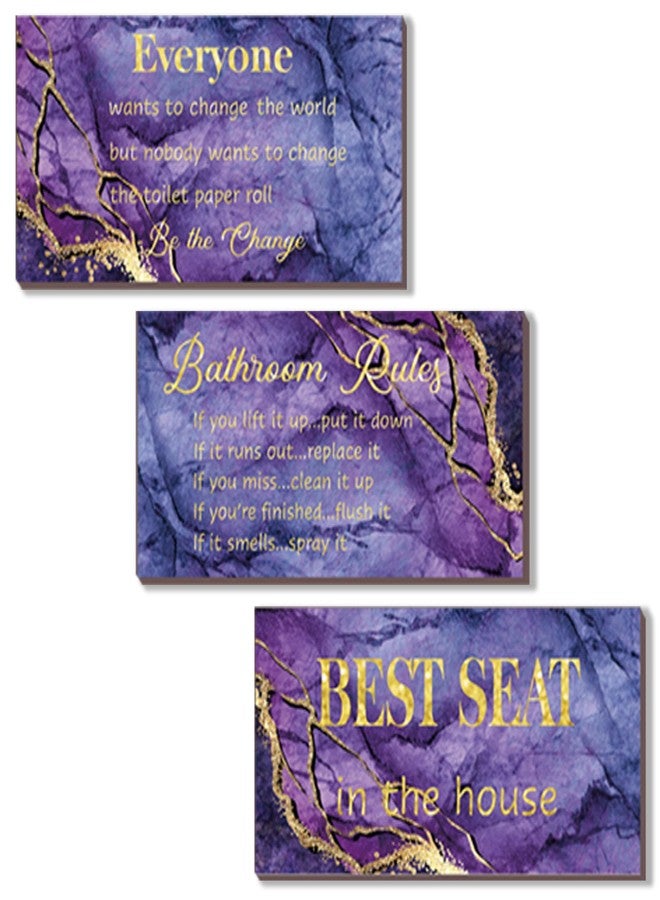 DONFENTHY 3 Pieces Purple Gold Bathroom Decor Bathroom Rules Wall Art Purple Gold Bathroom Rules Signs Best Seat in The House Farmhouse Wooden Sign for Bathroom Toilet Wall Decor (Purple Gold 10x5") - Image 1