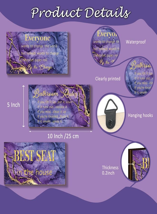 DONFENTHY 3 Pieces Purple Gold Bathroom Decor Bathroom Rules Wall Art Purple Gold Bathroom Rules Signs Best Seat in The House Farmhouse Wooden Sign for Bathroom Toilet Wall Decor (Purple Gold 10x5") - Image 4