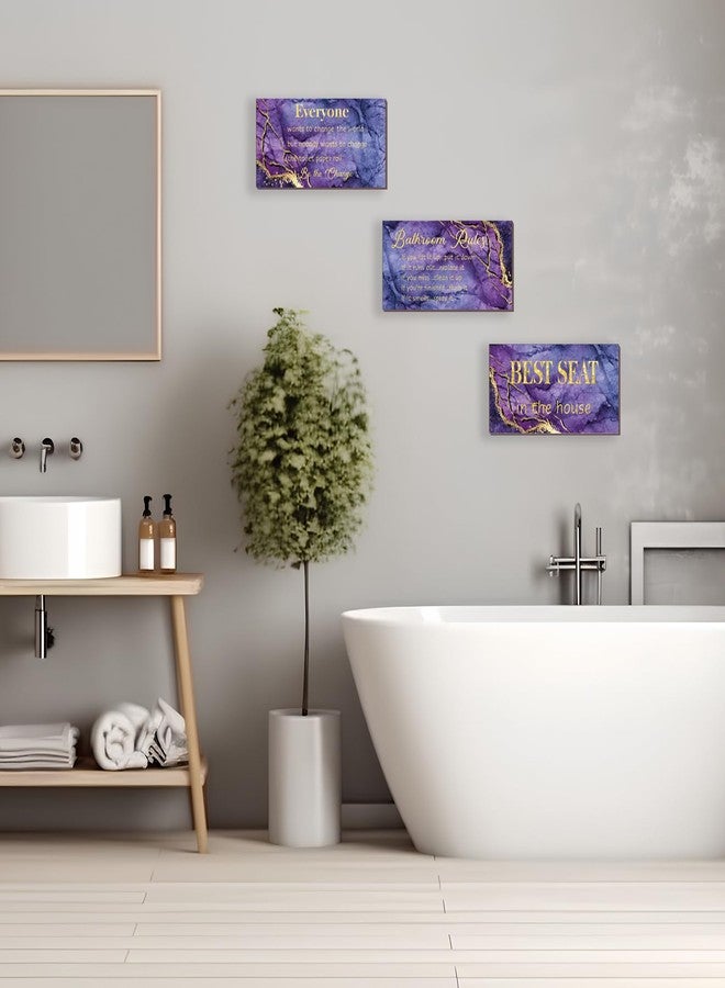 DONFENTHY 3 Pieces Purple Gold Bathroom Decor Bathroom Rules Wall Art Purple Gold Bathroom Rules Signs Best Seat in The House Farmhouse Wooden Sign for Bathroom Toilet Wall Decor (Purple Gold 10x5") - Image 3