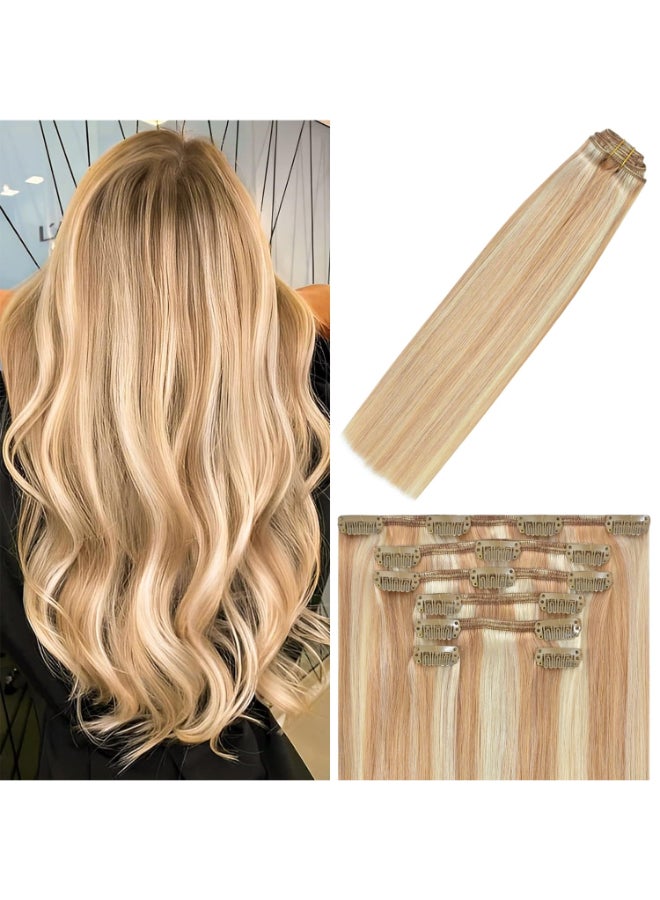 WindTouch Clip in Hair Extensions Human Hair Balayage Reddish Brown to Blonde Highlights for Blonde 12Inch 75g 12P613 7PCS - Image 2