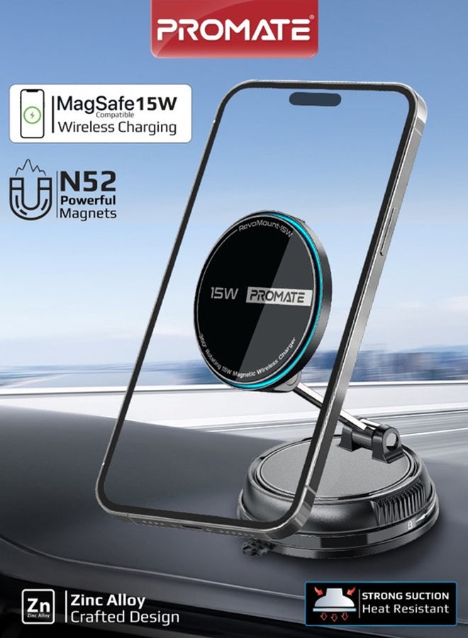 PROMATE 15W MagSafe Wireless Car Charger Mount with SecureGrip 16N Magnet, 360° Rotating Dual Shaft Phone Holder, Dual USB-C Ports, Fast Charging, Zinc Alloy Build, ABS, iPhone Compatible Black - Image 1