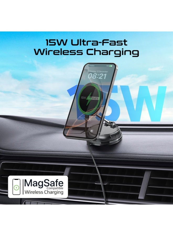 PROMATE 15W MagSafe Wireless Car Charger Mount with SecureGrip 16N Magnet, 360° Rotating Dual Shaft Phone Holder, Dual USB-C Ports, Fast Charging, Zinc Alloy Build, ABS, iPhone Compatible Black - Image 4