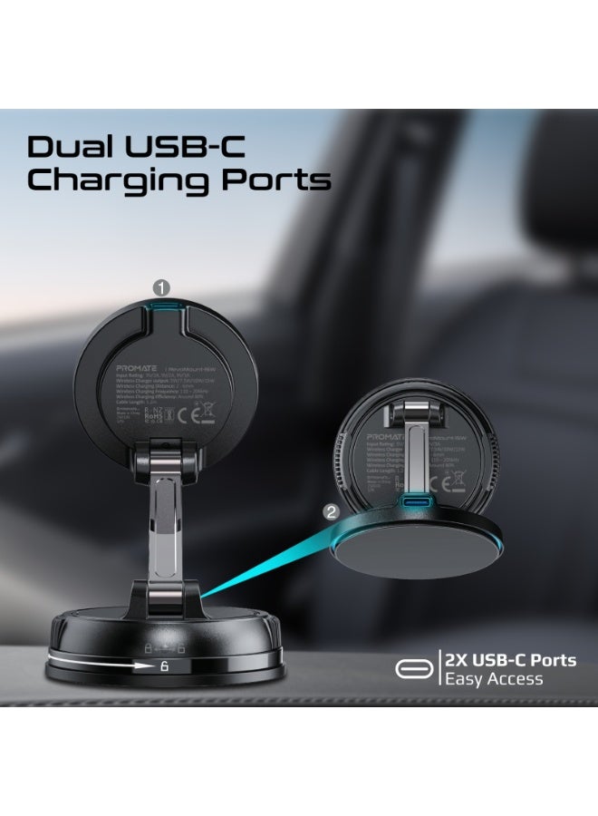 PROMATE 15W MagSafe Wireless Car Charger Mount with SecureGrip 16N Magnet, 360° Rotating Dual Shaft Phone Holder, Dual USB-C Ports, Fast Charging, Zinc Alloy Build, ABS, iPhone Compatible Black - Image 5