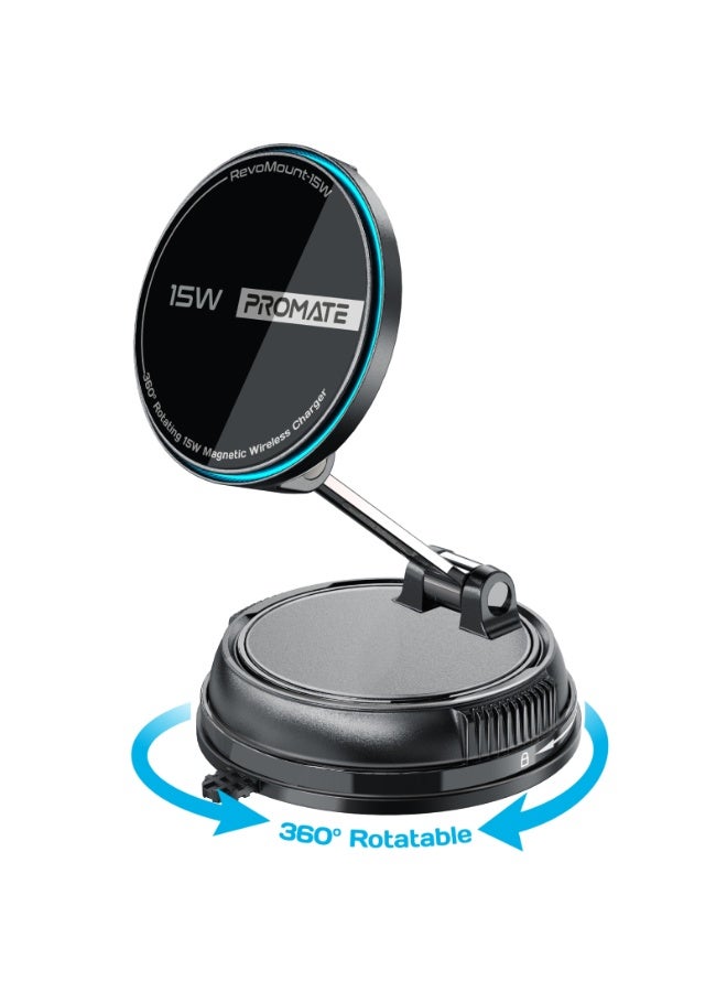 PROMATE 15W MagSafe Wireless Car Charger Mount with SecureGrip 16N Magnet, 360° Rotating Dual Shaft Phone Holder, Dual USB-C Ports, Fast Charging, Zinc Alloy Build, ABS, iPhone Compatible Black - Image 2