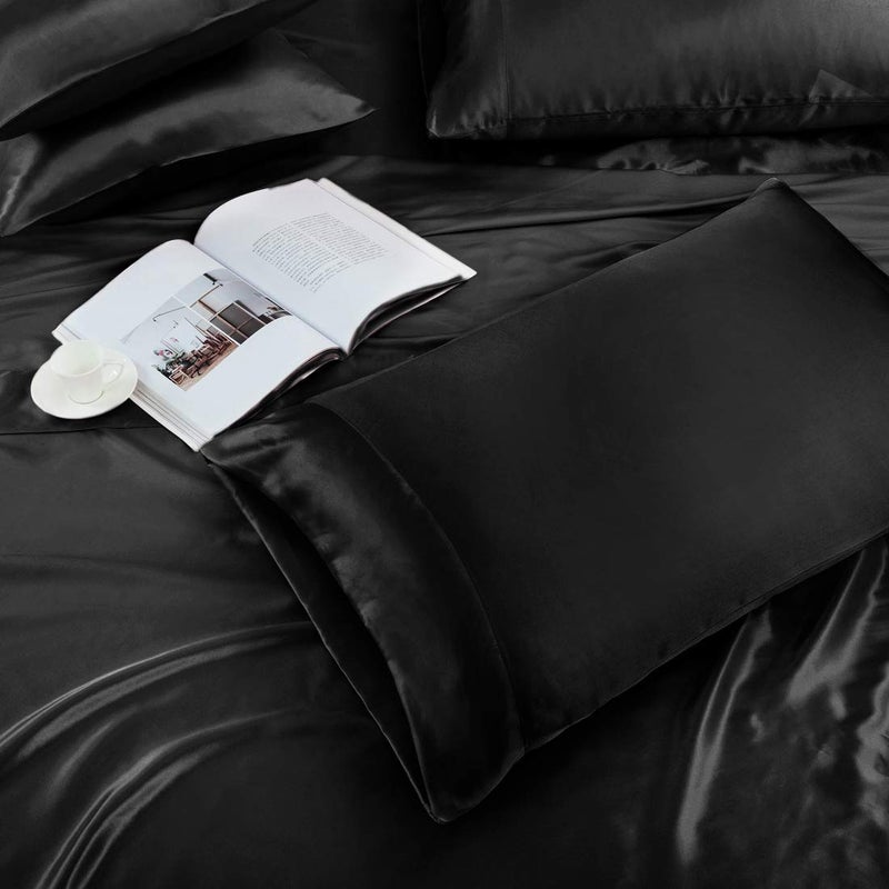 TREELY 6 Piece Queen Size Satin Sheets Set - Silky Smooth Black With Deep Pocket, Fitted Sheet, Flat Sheet, 4 Pillowcases - Image 3