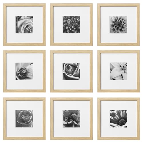 eletecpro إليتك برو 10x10 مجموعة إطارات صور 9 قطع مع مات لصور 5x5 أو بدون مات لصور 10x10، ديكور جدارية مربعة للمعرض، مجموعة إطارات طبيعية للتعليق على الحائط - Image 1