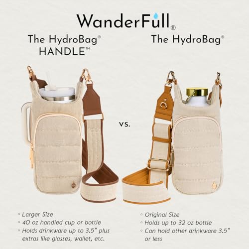 WanderFull HydroBag® HANDLE, Zipper for Handle, 40 oz Water Bottle Holder w/Strap, Crossbody Water Bottle Carrier Bag w/Phone Pocket, Tumbler Accessories - Oatmeal Canvas w/Vegan Leather Trim Strap - Image 2
