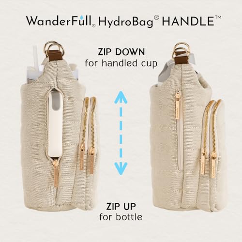 WanderFull HydroBag® HANDLE, Zipper for Handle, 40 oz Water Bottle Holder w/Strap, Crossbody Water Bottle Carrier Bag w/Phone Pocket, Tumbler Accessories - Oatmeal Canvas w/Vegan Leather Trim Strap - Image 3