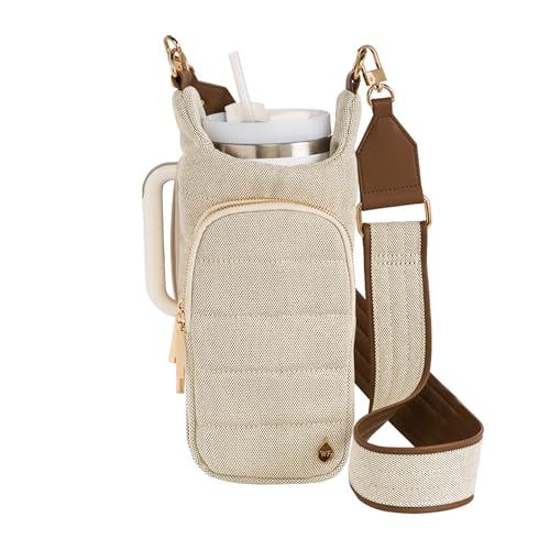 WanderFull HydroBag® HANDLE, Zipper for Handle, 40 oz Water Bottle Holder w/Strap, Crossbody Water Bottle Carrier Bag w/Phone Pocket, Tumbler Accessories - Oatmeal Canvas w/Vegan Leather Trim Strap - Image 1