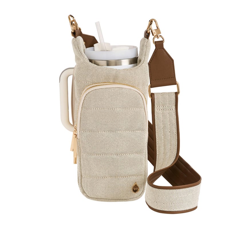 WanderFull HydroBag® HANDLE, Zipper for Handle, 40 oz Water Bottle Holder w/Strap, Crossbody Water Bottle Carrier Bag w/Phone Pocket, Tumbler Accessories - Oatmeal Canvas w/Vegan Leather Trim Strap - Image 5