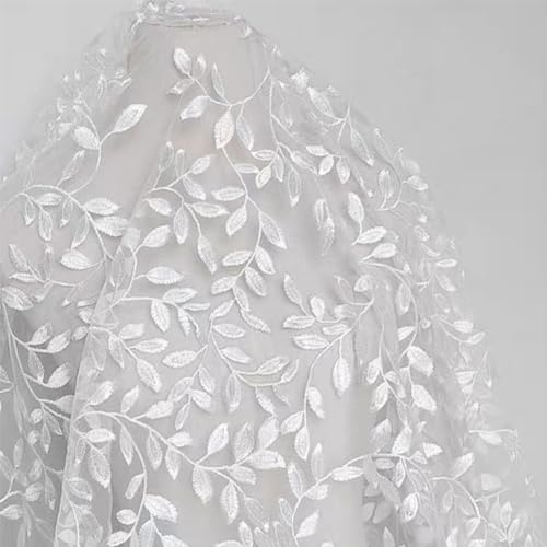 MAYJOYDIY 2 Yards×64.6 Inch Vintage Branch Leaves Mesh Lace Fabric Wide Light Ivory Embroidery Tulle French Sewing Lace Trim Fabrics for DIY Crafts Wedding Party Dresses Curtains Home Decoration - Image 1