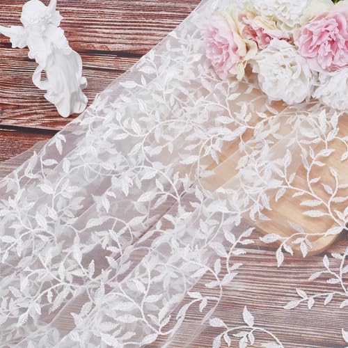 MAYJOYDIY 2 Yards×64.6 Inch Vintage Branch Leaves Mesh Lace Fabric Wide Light Ivory Embroidery Tulle French Sewing Lace Trim Fabrics for DIY Crafts Wedding Party Dresses Curtains Home Decoration - Image 4