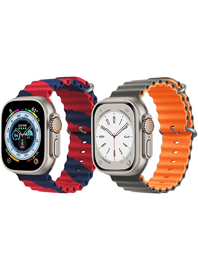 IAF Silicone Ocean Band Strap for Apple Watch Ultra 8 49mm Red/Blue Double Line Strap with Gray/Orange Double Side Strap Set of 2