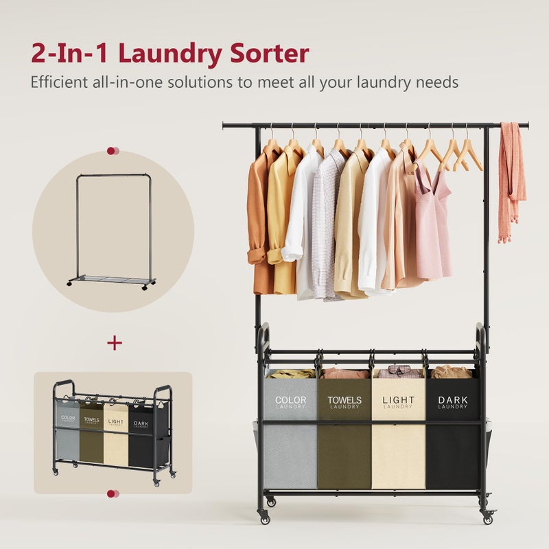 Tajsoon Laundry Sorter Cart with Hanging Clothes Rack, 4 Butler Sorter Basket Organizer, Laundry Hamper Cart with Heavy Duty Rolling Lockable Wheels, 4 Colors - Image 3