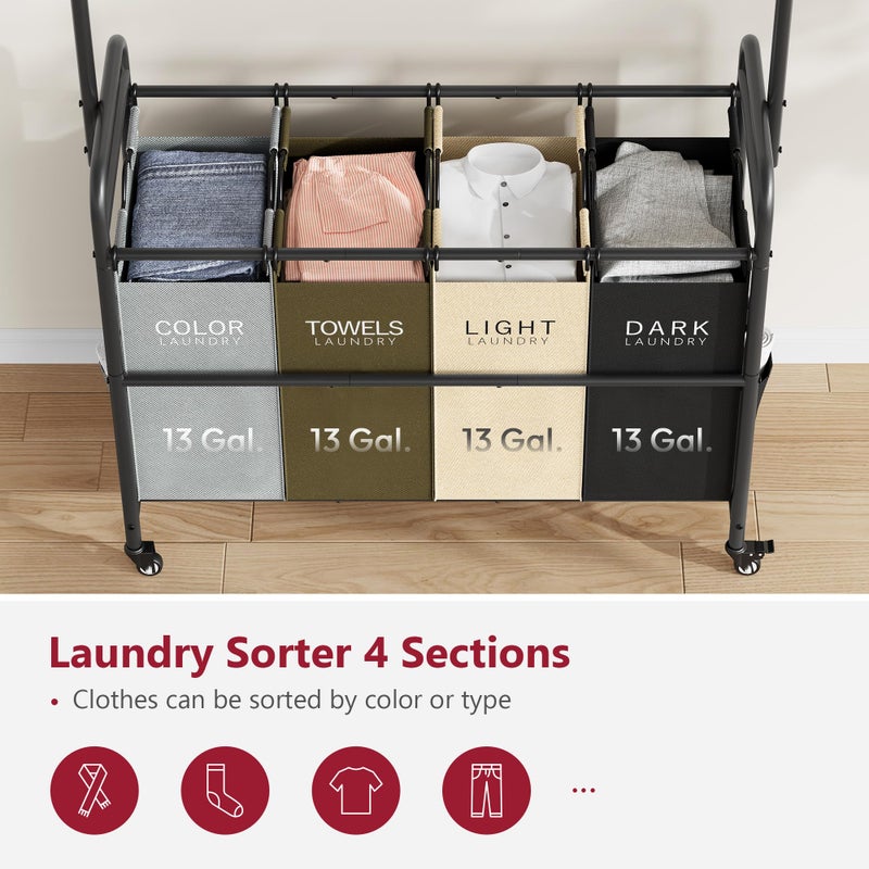 Tajsoon Laundry Sorter Cart with Hanging Clothes Rack, 4 Butler Sorter Basket Organizer, Laundry Hamper Cart with Heavy Duty Rolling Lockable Wheels, 4 Colors - Image 4