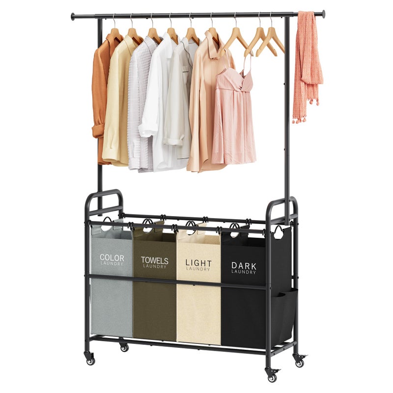Tajsoon Laundry Sorter Cart with Hanging Clothes Rack, 4 Butler Sorter Basket Organizer, Laundry Hamper Cart with Heavy Duty Rolling Lockable Wheels, 4 Colors - Image 1
