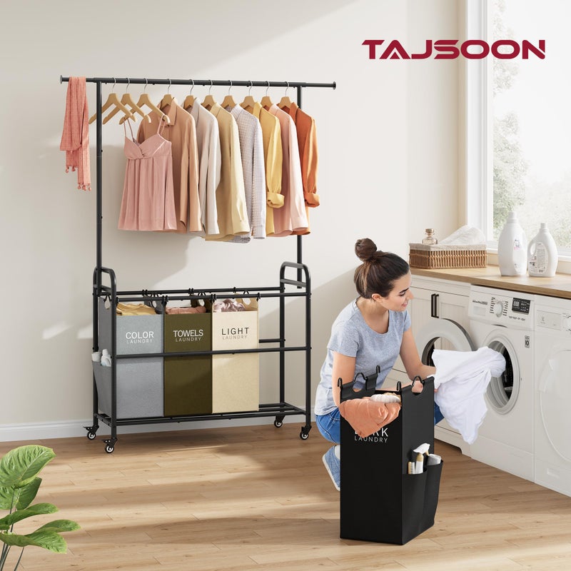 Tajsoon Laundry Sorter Cart with Hanging Clothes Rack, 4 Butler Sorter Basket Organizer, Laundry Hamper Cart with Heavy Duty Rolling Lockable Wheels, 4 Colors - Image 2