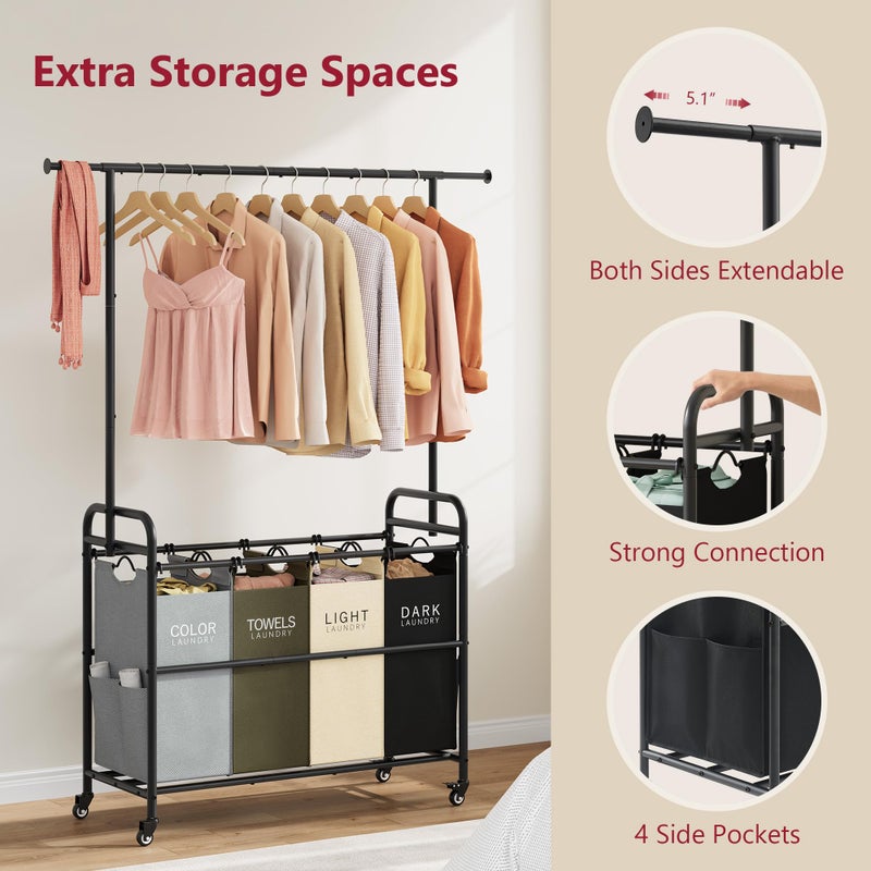 Tajsoon Laundry Sorter Cart with Hanging Clothes Rack, 4 Butler Sorter Basket Organizer, Laundry Hamper Cart with Heavy Duty Rolling Lockable Wheels, 4 Colors - Image 5