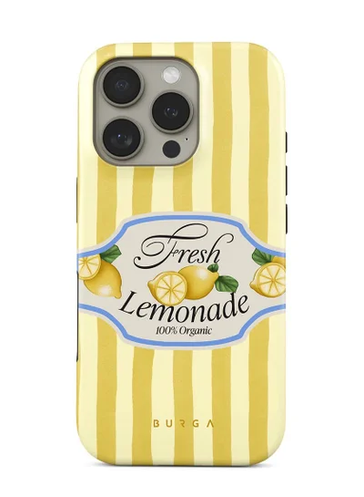 BURGA iPhone 16 Pro Max Case, 2 Piece Hard Shell + TPU Silicone Interior, Shock Absorption, All Port Accessible, Raised Bezel For Screen & Camera Protection, Never Fading HQ Print,Frizzante,lemon-themed design