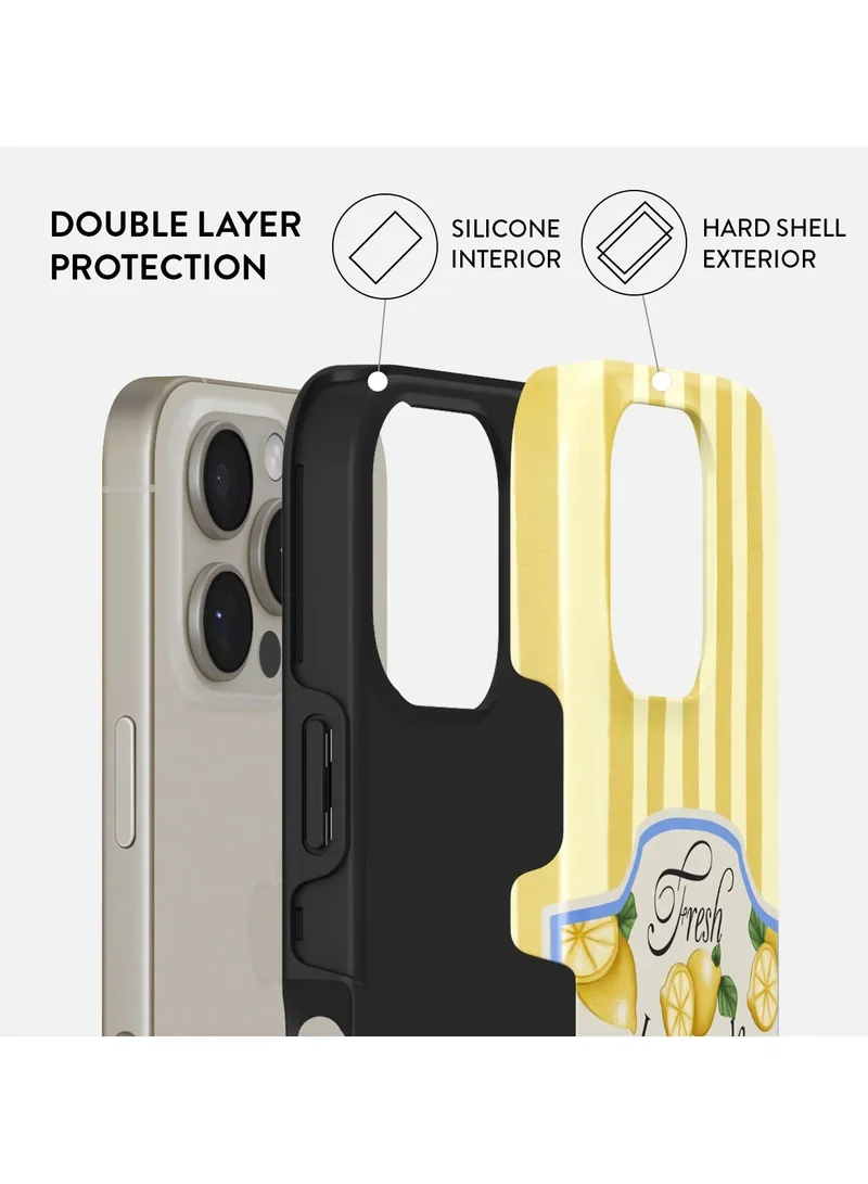 BURGA iPhone 16 Pro Max Case, 2 Piece Hard Shell + TPU Silicone Interior, Shock Absorption, All Port Accessible, Raised Bezel For Screen & Camera Protection, Never Fading HQ Print,Frizzante,lemon-themed design