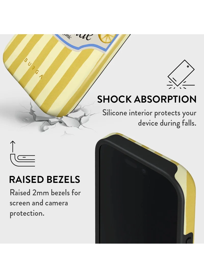 BURGA iPhone 16 Pro Max Case, 2 Piece Hard Shell + TPU Silicone Interior, Shock Absorption, All Port Accessible, Raised Bezel For Screen & Camera Protection, Never Fading HQ Print,Frizzante,lemon-themed design
