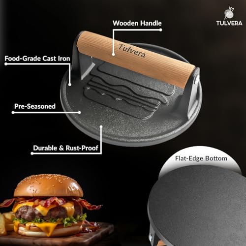 Tulvera Smash Burger Press | Cast Iron Hamburger Smasher Tool | Flat-Edge Meat Press for Hamburgers, Bacon, Outdoor Kitchen | Griddle & Grilling Accessories | Pre-Seasoned | 6.1” - Image 5