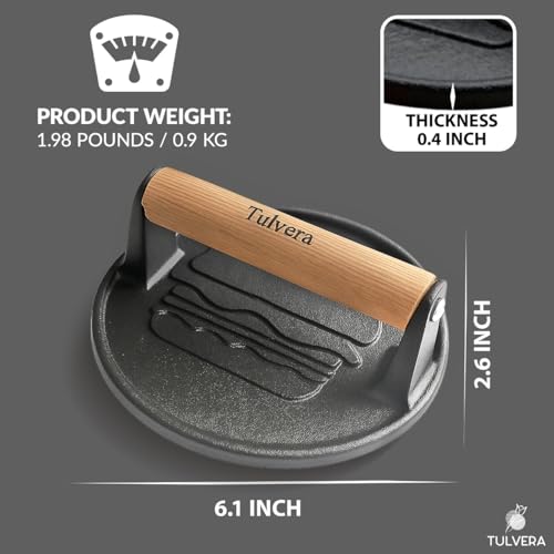Tulvera Smash Burger Press | Cast Iron Hamburger Smasher Tool | Flat-Edge Meat Press for Hamburgers, Bacon, Outdoor Kitchen | Griddle & Grilling Accessories | Pre-Seasoned | 6.1” - Image 3
