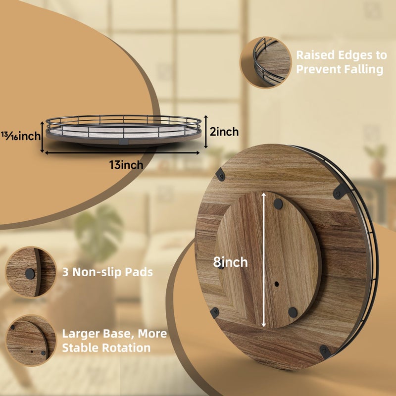 HGF Acacia Wood 13" Lazy Susan Turntable Organizer for Table Top, Farmhouse Round Wooden Lazy Susan for Cabinet Kitchen Centerpieces Coffee Table, for Condiments Spices, Bathroom Vanity Tray Decor - Image 2