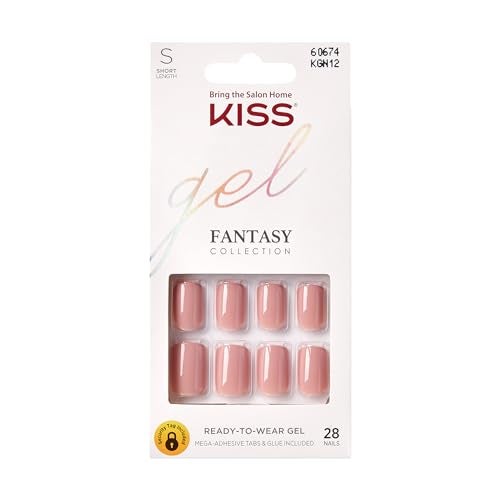 KISS Gel Fantasy Press On Nails, Nail glue included, 'Ribbons', Pink, Short Size, Squoval Shape, Includes 28 Nails, 2g glue, 1 Manicure Stick, 1 Mini File - Image 1