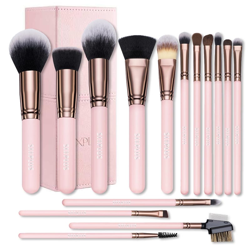SIXPLUS Travel Makeup Brushes with Case 15 Pcs Pink Makeup Brush Set Professional for Foundation Powder Concealer Eyeshadow Blush Covers Best Make Up Brush Kit Gift for Women Girlfriend Mom